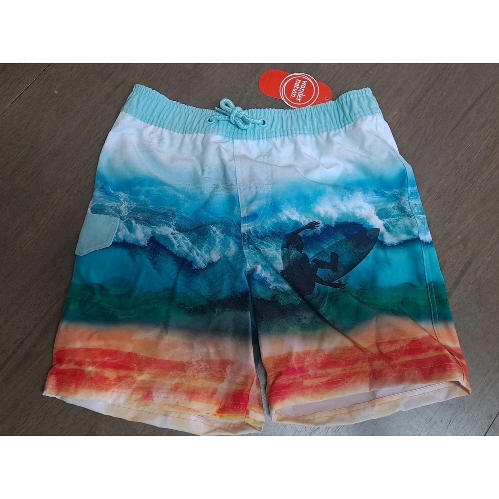 NWT Wonder Nation Boys‎ Swimsuit Shorts Colorful Surfer Ocean Scene Size 8